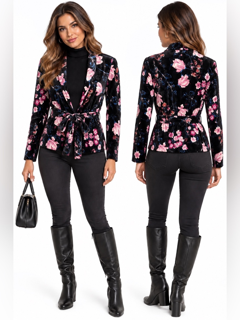 Monteau Los Angeles Black Floral Velvet Belted Blazer Size Small